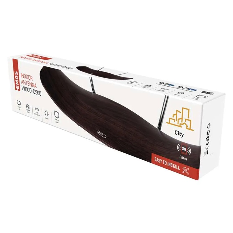 Anténa pokojová EMOS CITY WOOD-C500, DVB-T2, DAB, FM, filtr LTE/4G/5G