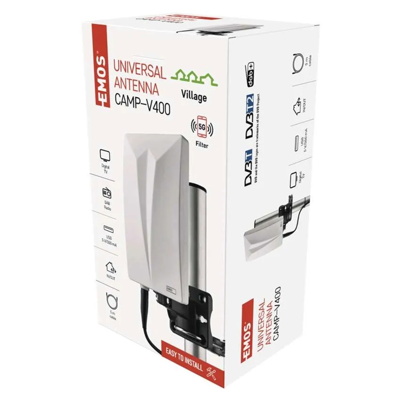 Anténa univerzální EMOS VILLAGE CAMP–V400, DVB-T2, FM, DAB, filtr LTE/4G/5G
